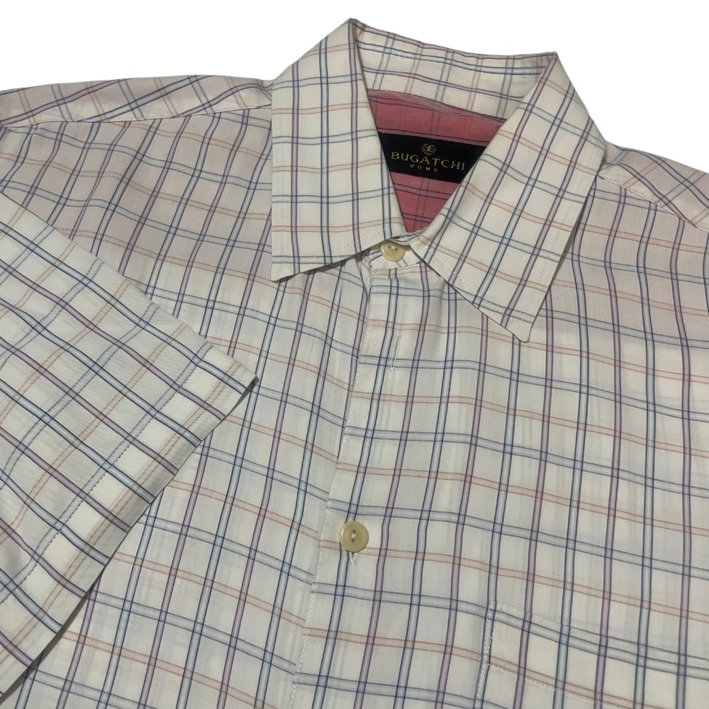 Bugatchi M Short Sleeve‎ White Plaid Button Up Mens Shirt 100% Lyocell